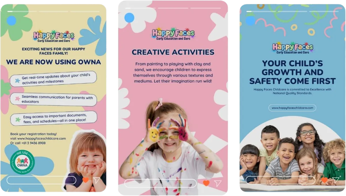 Three Instagram story ads for Happy Faces Childcare