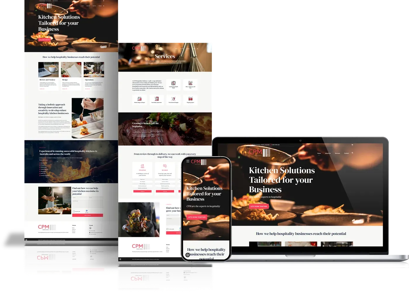 CPM Hospitality Solutions website shown on desktop, tablet and phone